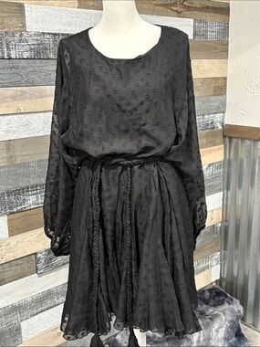 Aakaa Black Swiss Dot Long-Sleeve Waist-Tie Dress